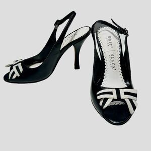 White House Black Market Shiny Black Slingback Heels White Bow Peep Toe Leather